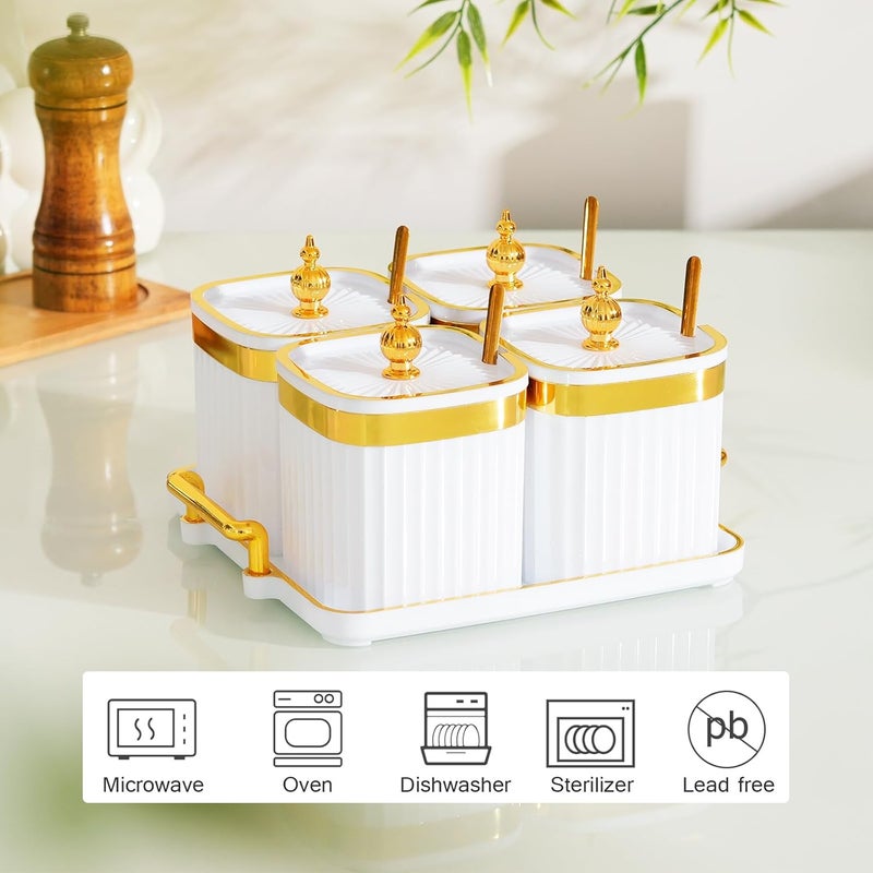 EABOSON 4 Pack Gold Condiment Spice Jars with Lids, Spoons, Tray - Plastic Seasoning Box Set for Salt, Pepper, Sugar - Kitchen Storage - Image 3